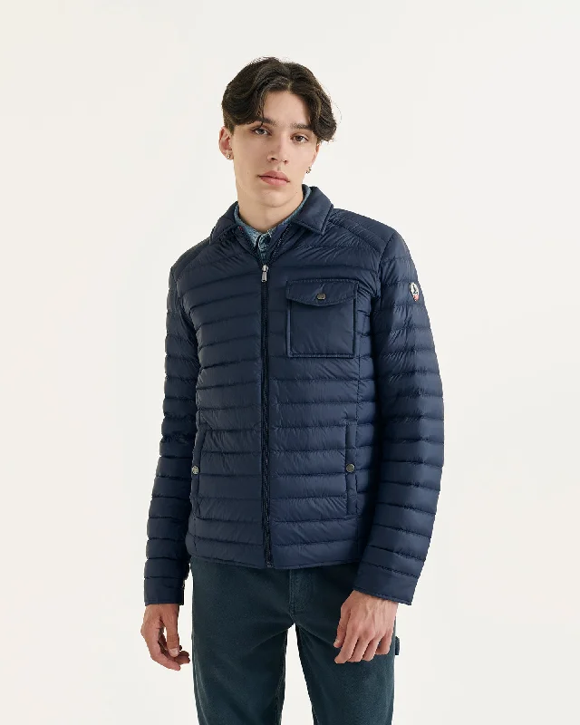 Men down jackets with a reflective strip for increased visibility in low - light Dane lightweight shacket-style down jacket Navy