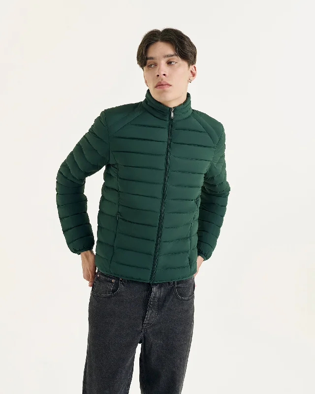 Men down jackets with a drawstring hood for a snug fit in windy conditions Deep forest Aragon lightweight stretch puffer jacket