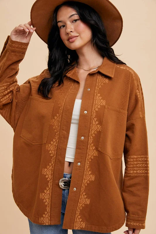 Men Blazers for Cycling Tours in Wind - Resistant and Comfortable Fabrics​ Camel Embroidered Utility Shacket