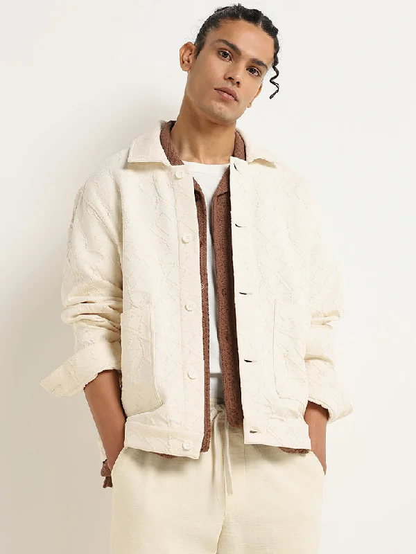 Men Blazers with Indian - Inspired Patterns for a Mystical Vibe​ ETA Off-White Self-Patterned Cotton Blend Relaxed Fit Jacket