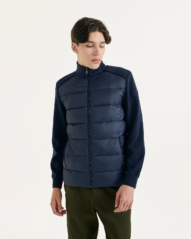 Men down jackets with a built - in hand - warmer pocket for cold fingers Fargo bi-material knit down jacket Navy