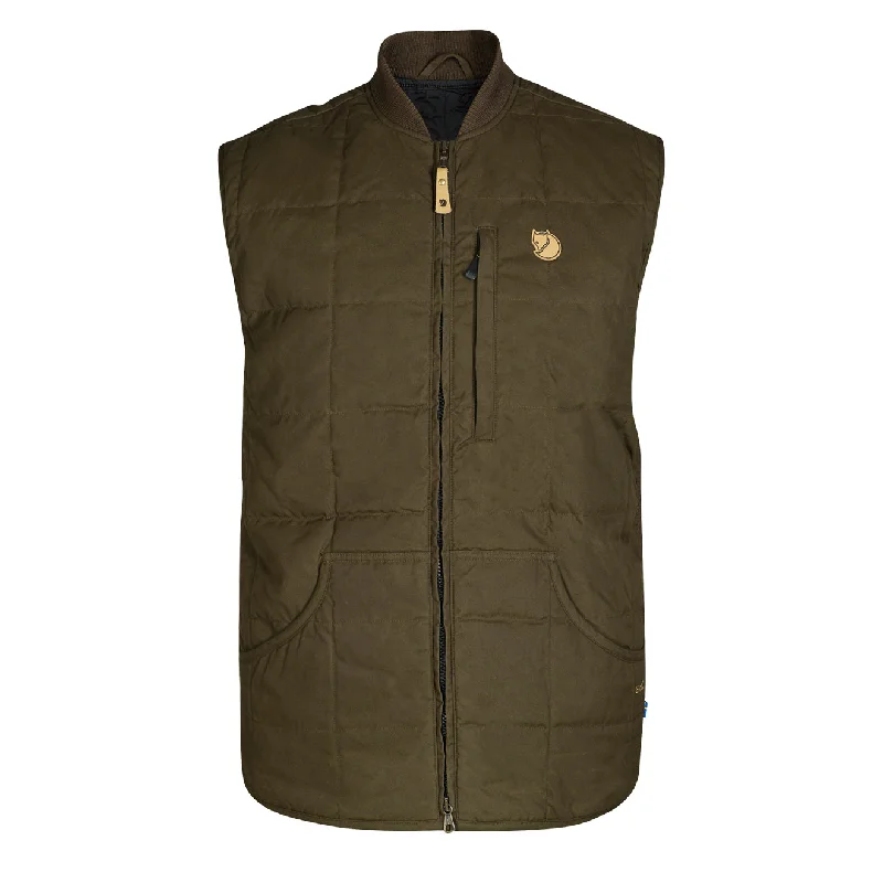 Tweed men waistcoats with a traditional herringbone pattern for a classic look Fjallraven Grimsey Vest Dark Olive