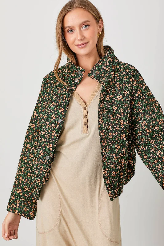 Men Blazers with Vintage - Inspired Patterns for a Classic Look​ Black Floral Snap Button Puff Jacket