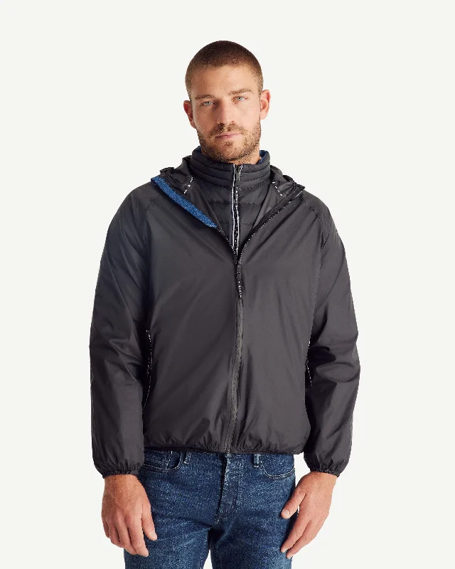 Men down jackets with a breathable membrane to prevent sweating Fluid MNW JOTT x DENHAM pack-away waterproof jacket Black