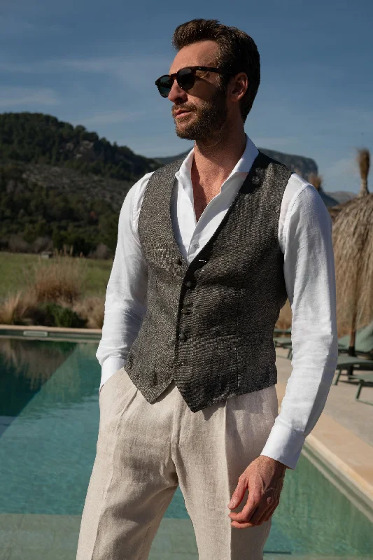 Stretch - fabric men vest for unrestricted movement during activities Green linen waistcoat - Made in Italy