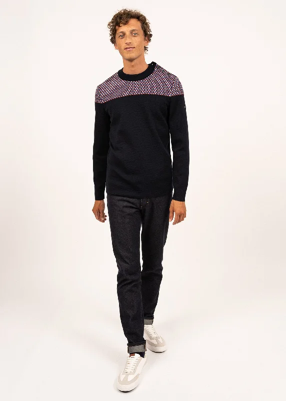 Men's Longline Merino Wool Cardigan in Charcoal with Buttons for a Sophisticated Outfit Jacquard sailor jumper - SAINT JAMES x Elysée (NAVY/MULTICO)