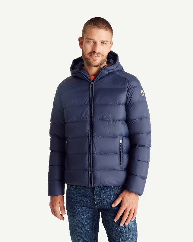 Men down jackets with a recycled down fill for an eco - conscious choice John straight-cut hooded down jacket Navy