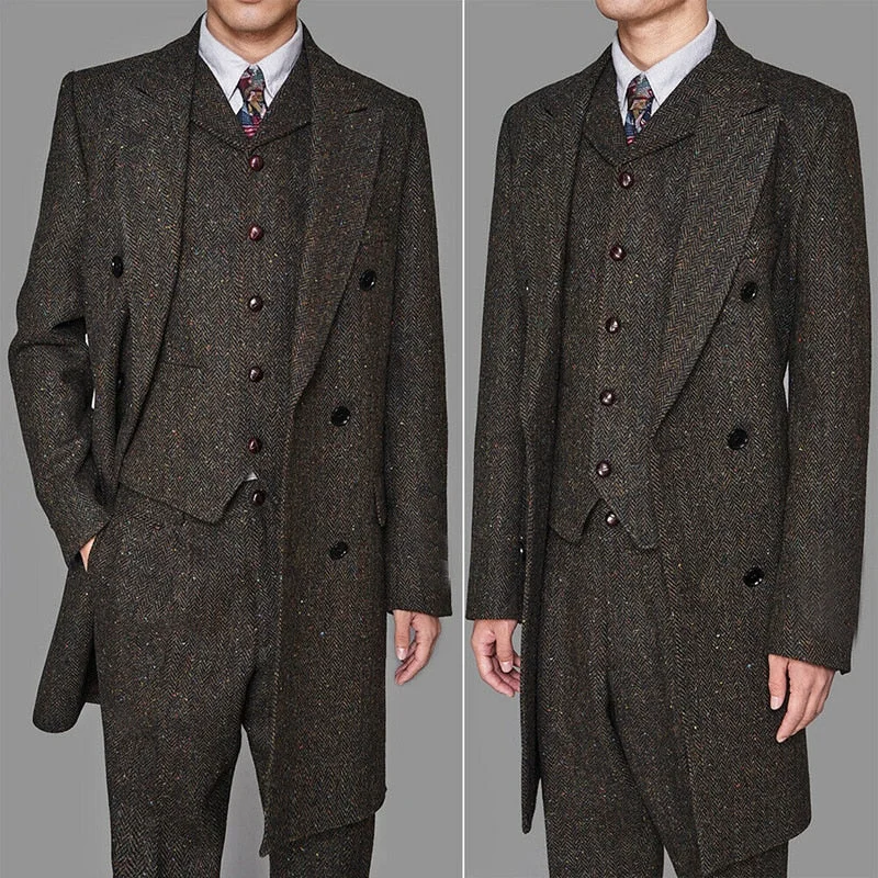 Men Blazers for Charity Events in Stylish and Comfortable Styles​ Herringbone Vintage Long Style Vested Suits 3pcs Peaky Blinder Jacket Vest Pant