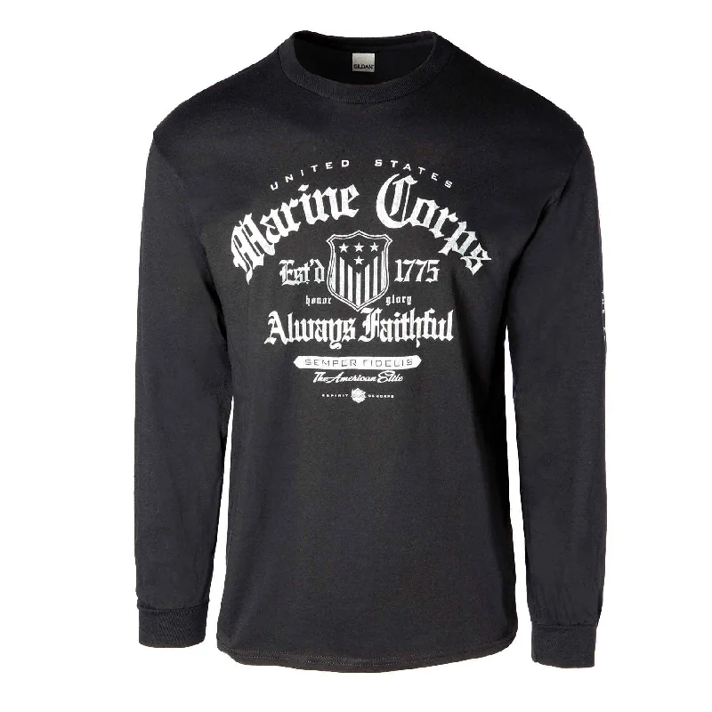 Men's printed long sleeve Hawaiian shirts for tropical getaways Black Long Sleeved Marine Corps T-Shirt