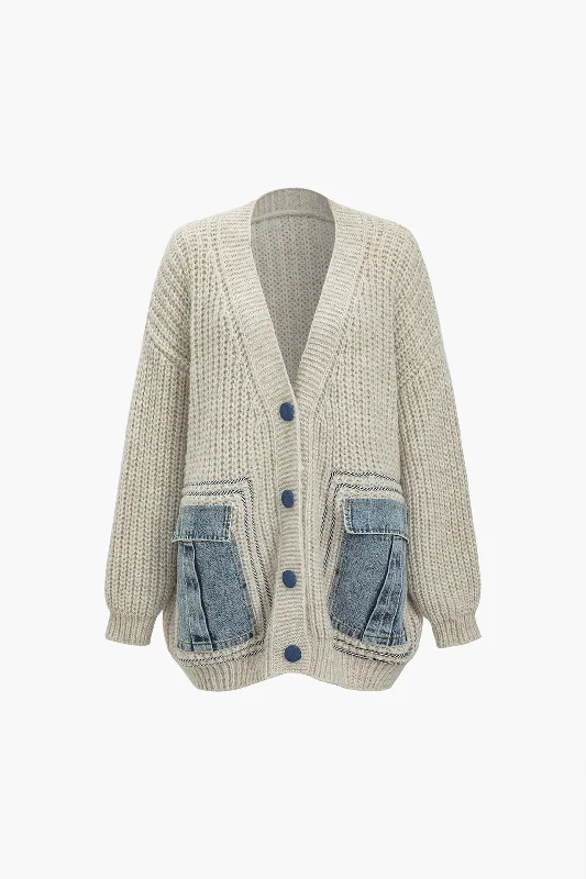 Tall Men's Linen Cardigan in Beige with a Roll - Up Sleeve Detail for a Relaxed Style Denim Patchwork Button Pocket Sweater Cardigan
