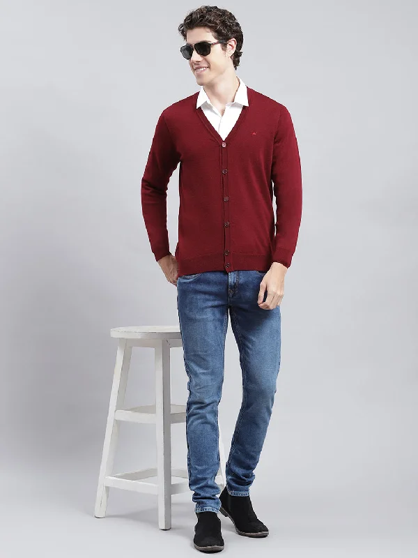 Men's Button - Down Mohair Cardigan in Burgundy for a Luxurious and Stylish Appearance Men Maroon Solid Cardigan
