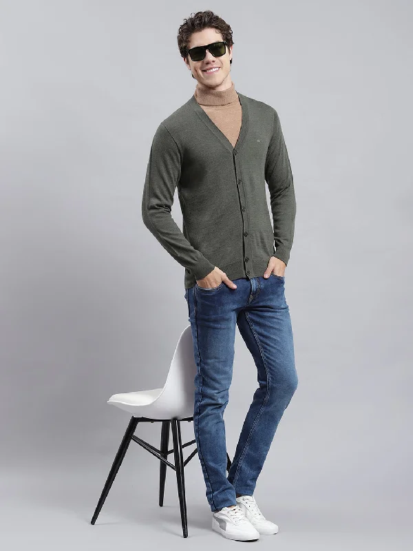 Men's Zipper - Front Cardigan in Red for a Bold and Modern Look Men Olive Solid Cardigan