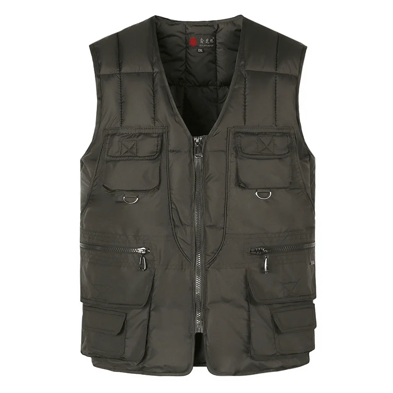 Men down jackets with a built - in hand - warmer pocket for cold fingers Mens Casual Loose Fit V Neck Multi Pockets Solid Color Autumn Winter Vest