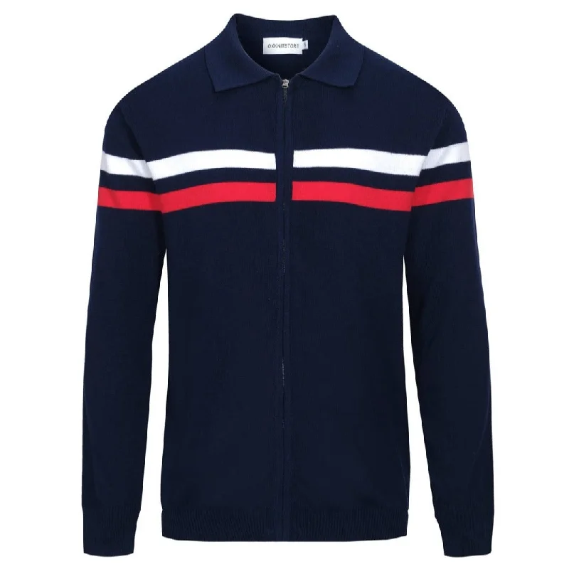Tall Men's Linen Cardigan in Beige with a Roll - Up Sleeve Detail for a Relaxed Style Men's Dark Blue Knitted Zip Cardigan White & Red Racing Stripes Through