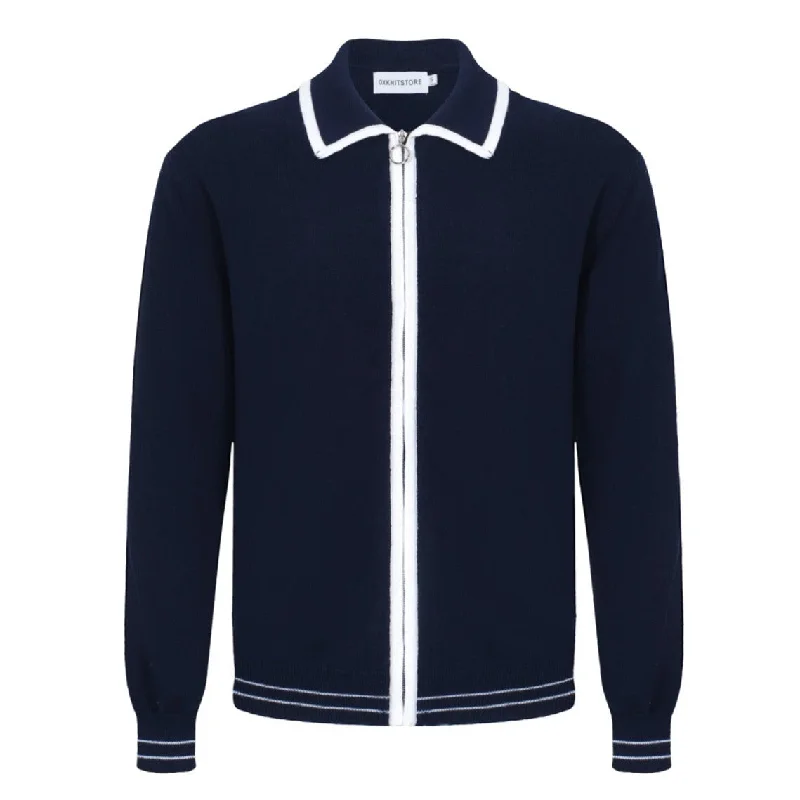 Men's Hooded Fleece Cardigan in Black for a Casual and Sporty Look Men's Navy Blue Long Sleeve Zip Knitted Cardigan With White Line