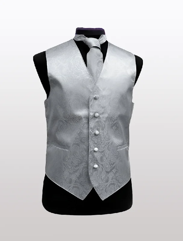 Men vest with a zip - off hood for added protection in inclement weather Men's Paisley Silver Tuxedo Vest
