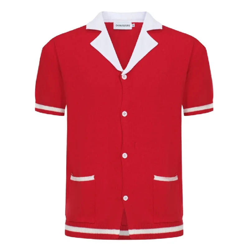 Men's Lightweight Linen - Blend Cardigan in Tan for a Laid - Back Summer Outfit Men's Red Knitted Polo Shirts With Two Pockets