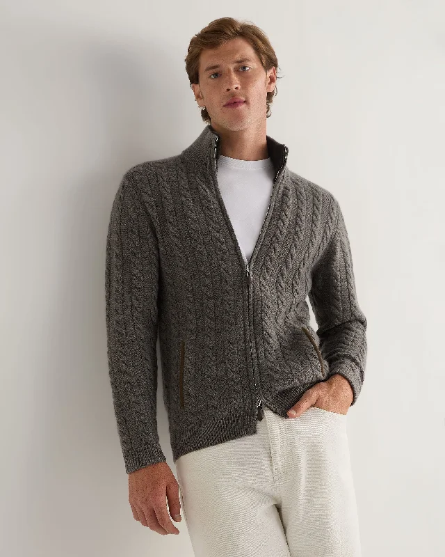 Men's Sherpa - Lined Cardigan in Olive Green for Extra Warmth in Cold Weather Men's Richmond Cable Cashmere Cardigan Wood Smoke Brown