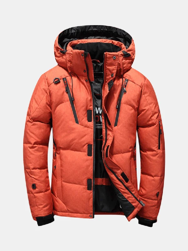 Men down jackets with a drawstring hood for a snug fit in windy conditions Mens Winter Outdoor Thick Warm down Jacket Insulated Parka