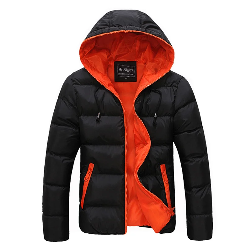 Men down jackets with a reflective strip for increased visibility in low - light Mens Winter Thermal Contrast Color Outdoor Warm Hooded Padded Jacket