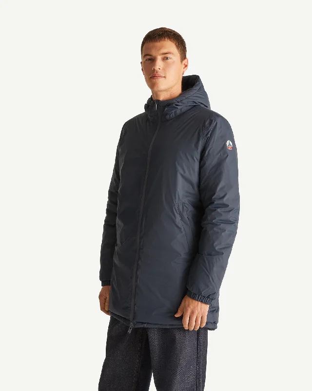 Men down jackets with a fur - trimmed hood for a touch of luxury Navy Amsterdam long reversible hooded puffer jacket reversible hooded