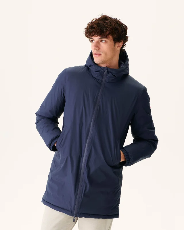 Men down jackets with a fur - trimmed hood for a touch of luxury Navy Amsterdam long reversible hooded puffer jacket