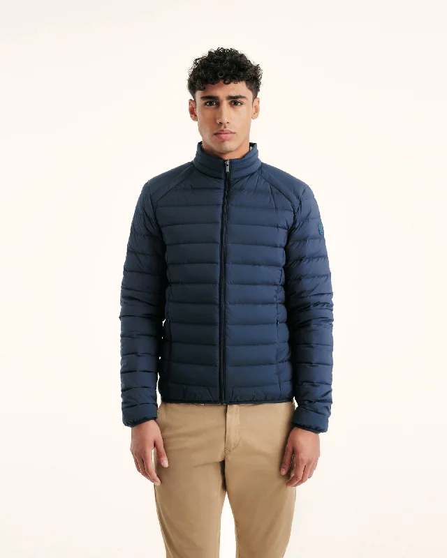 Men down jackets with a recycled down fill for an eco - conscious choice Navy Aragon lightweight stretch puffer jacket