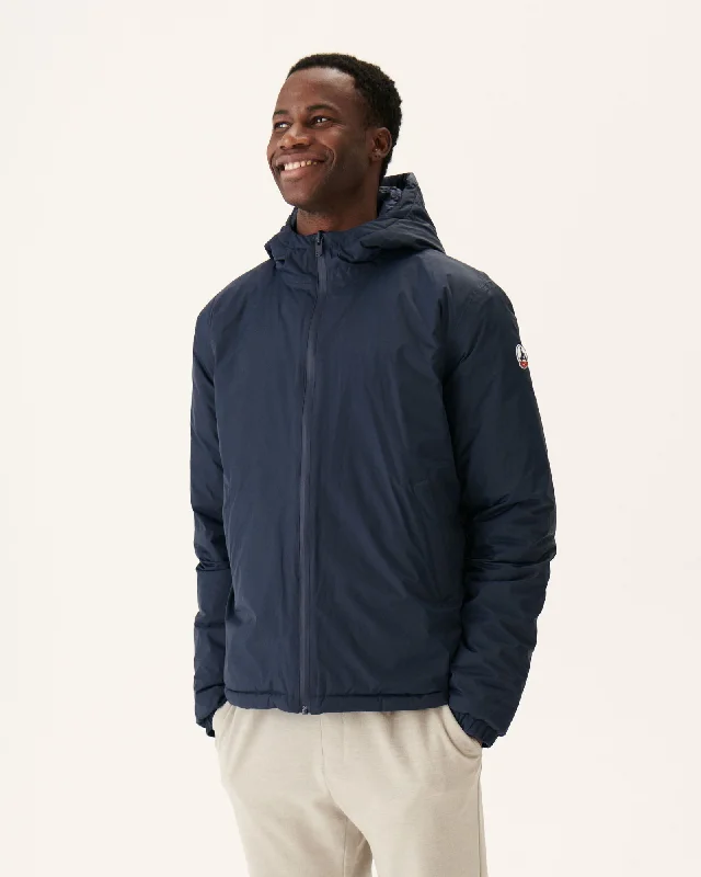 Men down jackets with a drawstring hood for a snug fit in windy conditions Navy Bergen reversible hooded puffer jacket