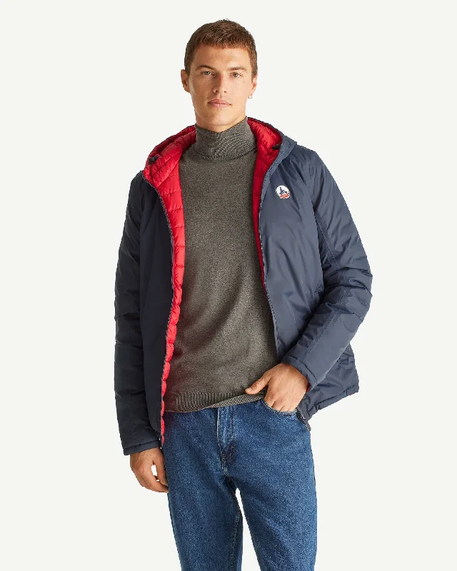 Men down jackets with a breathable membrane to prevent sweating Navy Blue/Red Reversible hooded puffer jacket Bergen