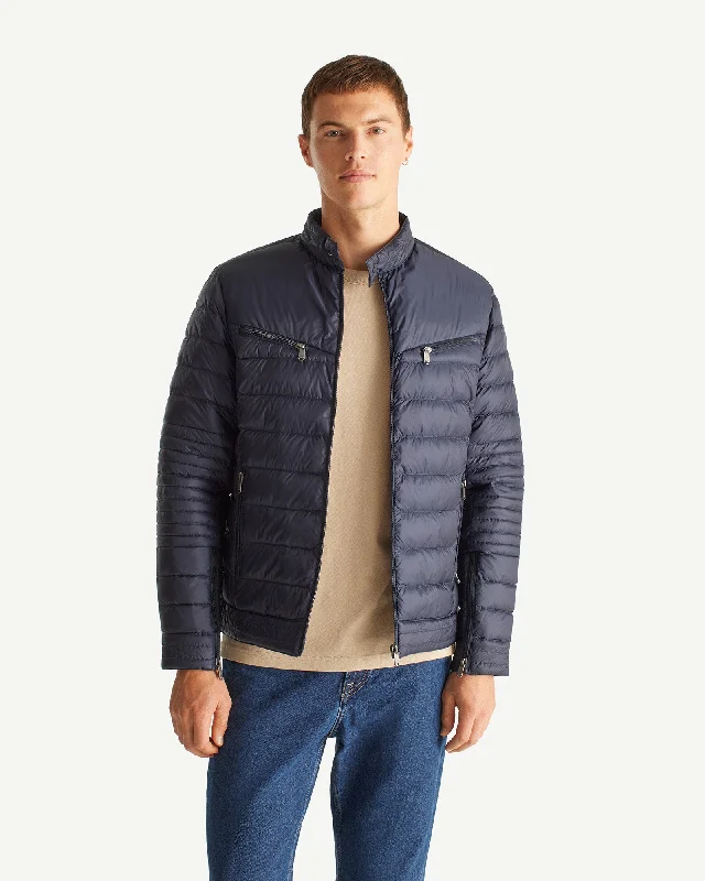 Long - length men down jackets to provide extra coverage and warmth Navy David biker fit puffer jacket