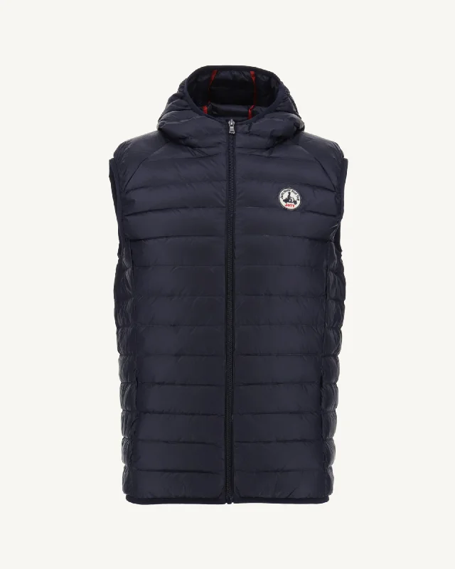 Men down jackets with a removable hood for versatile styling options Navy Hooded sleeveless down jacket Pat