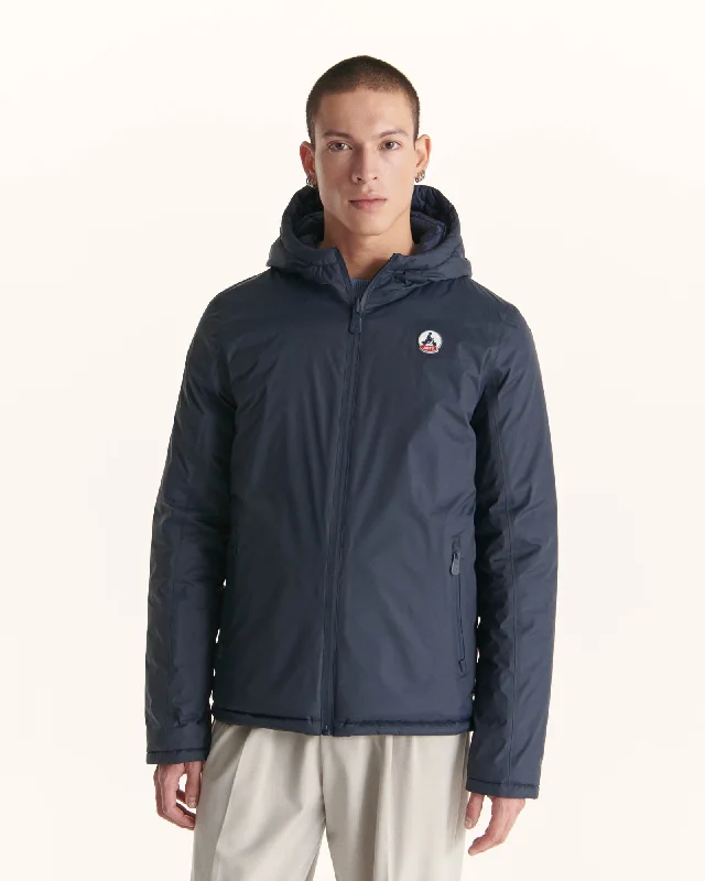 Men down jackets with a fur - trimmed hood for a touch of luxury Navy Reversible hooded puffer jacket Bergen