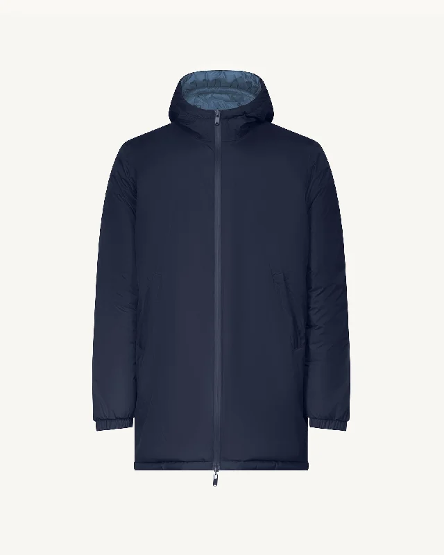 Men down jackets with a high - collar design for enhanced neck protection Navy/Washed blue Amsterdam long reversible hooded puffer jacket reversible hooded
