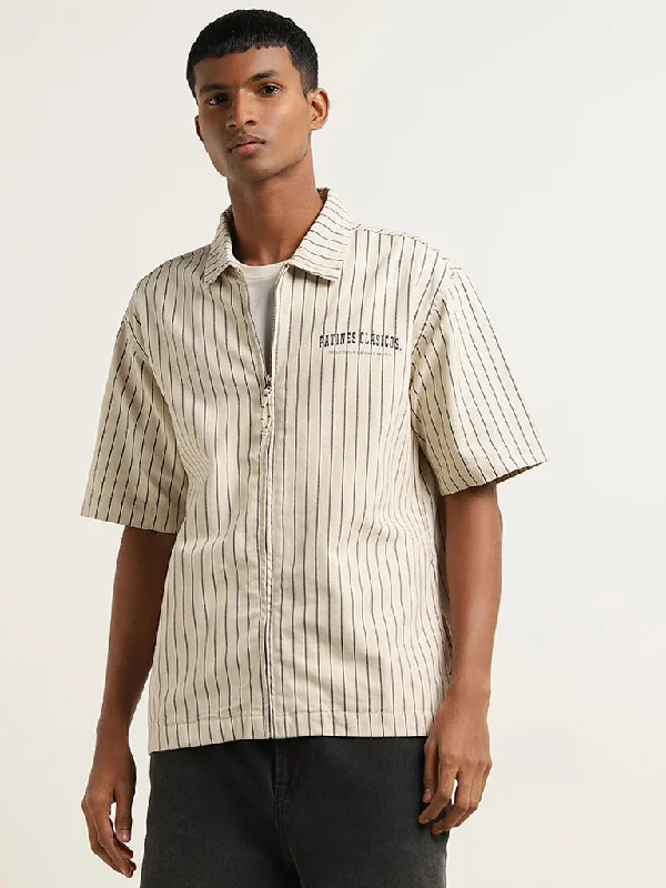  Nuon Light Beige Stripe Pattern Relaxed-Fit Cotton Jacket