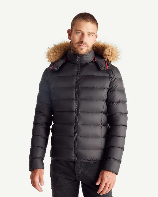 Men down jackets with a fur - trimmed hood for a touch of luxury Prestige Extreme Cold hooded down jacket Black