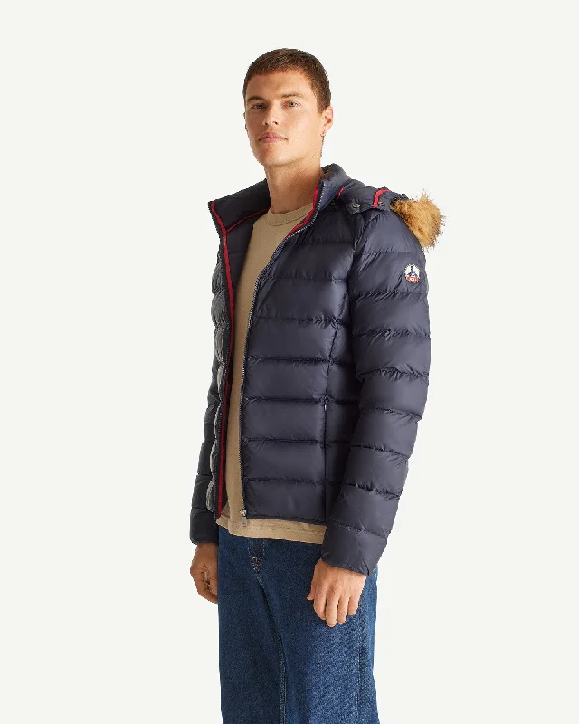 Men down jackets with multiple zippered pockets for secure storage Prestige Extreme Cold hooded down jacket Navy