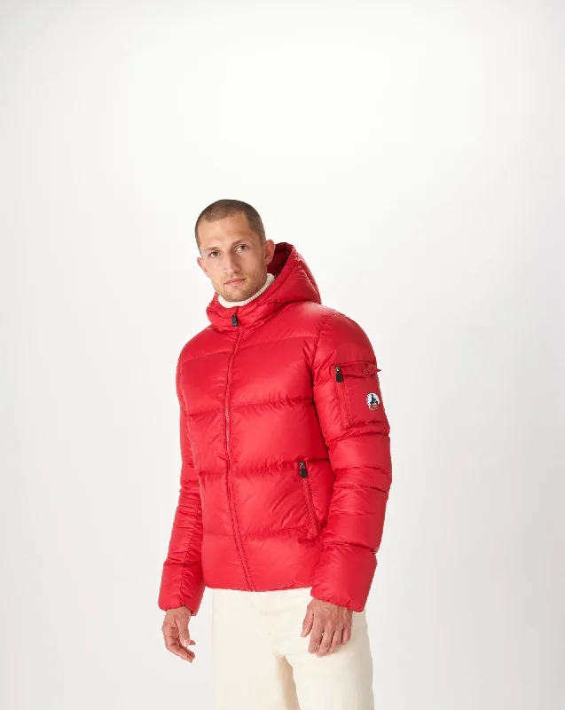Men down jackets with a reflective strip for increased visibility in low - light Red Hooded down jacket Java