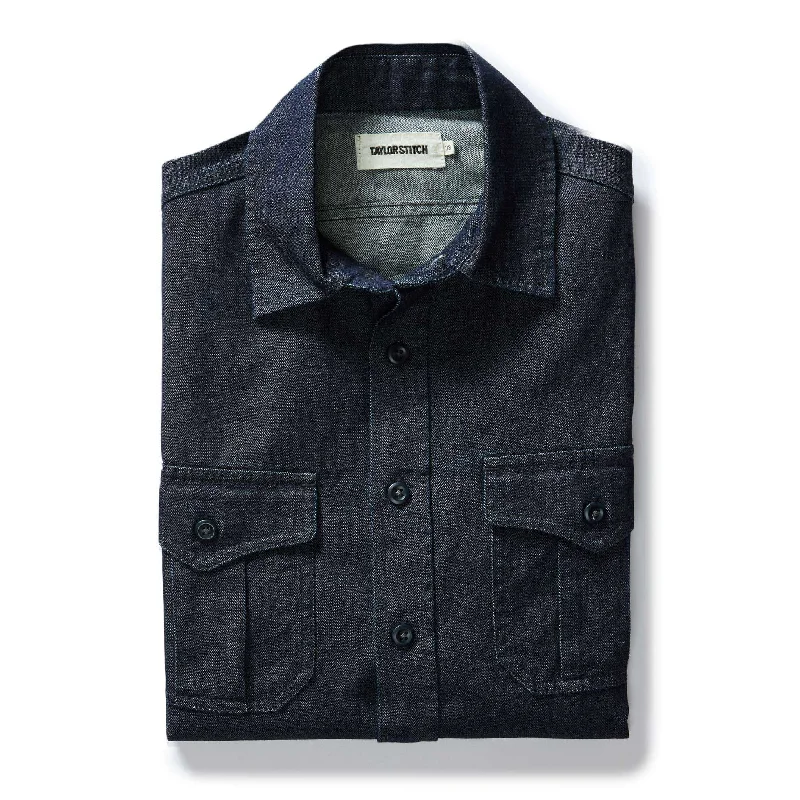 Men's long sleeve polo shirts with a contrast placket for added style The Saddler Shirt in Indigo Broken Twill