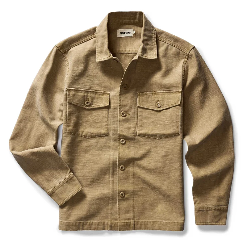 Men's button - front long sleeve Henley shirts with a casual charm The Surplus Shirt in Khaki Reverse Sateen