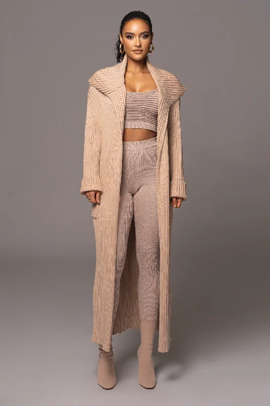 Men's Ribbed Knit Cardigan in Grey with Pockets for a Practical and Fashionable Piece Tan Carmela Rib Knit Cardigan