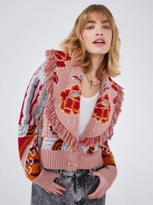 Men's Zipper - Front Cardigan in Red for a Bold and Modern Look Tibetan Tiger Merino Jacquard Bomber Pink