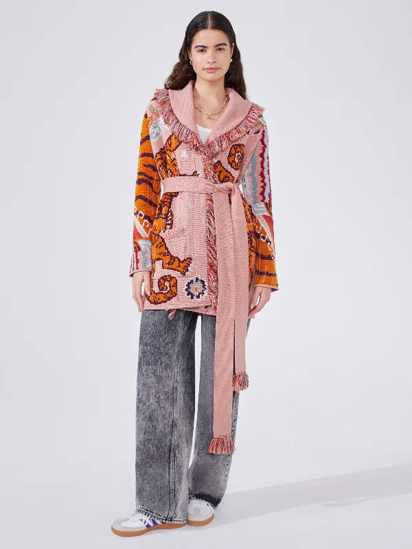 Men's Lightweight Linen - Blend Cardigan in Tan for a Laid - Back Summer Outfit Tibetan Tiger Merino Jacquard Short Cardigan Pink