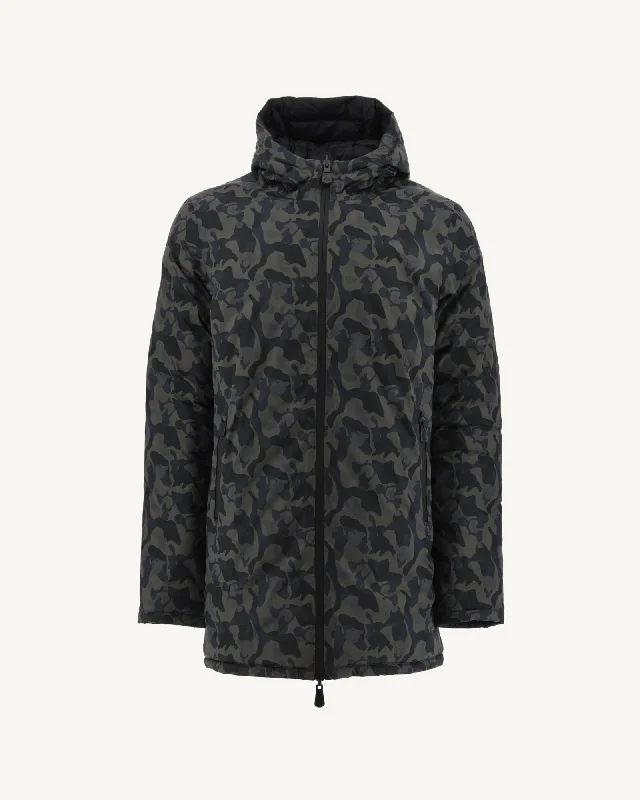 Men down jackets with a drawstring hood for a snug fit in windy conditions Tonal Military print/Black Reversible light down jacket Amsterdam