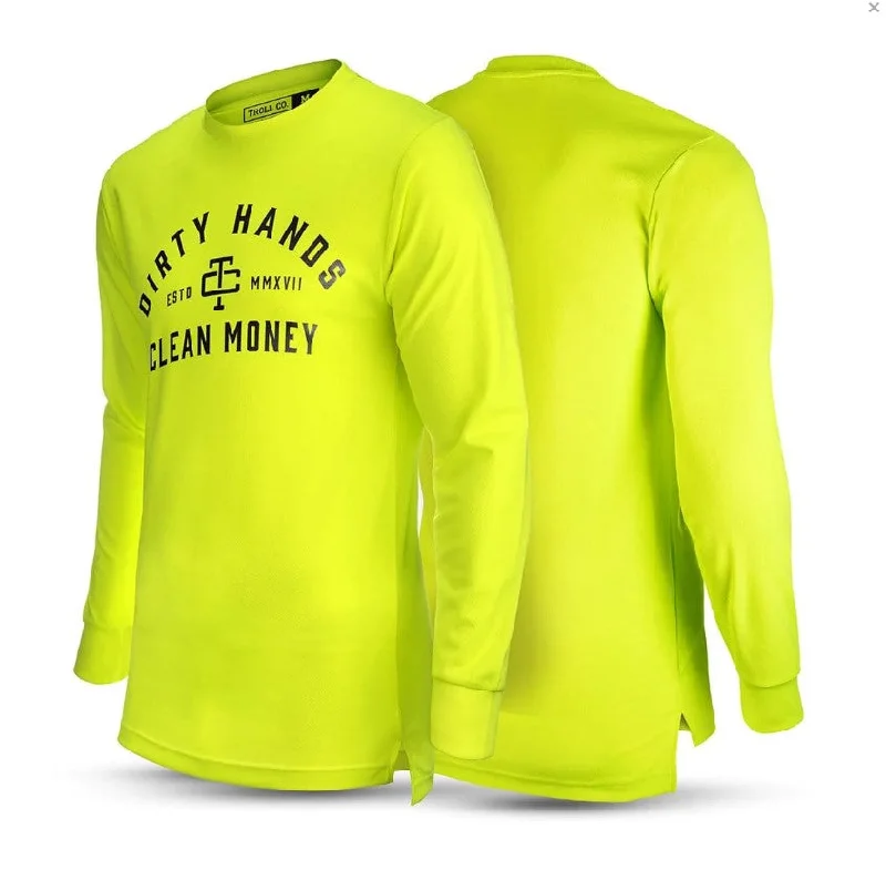 Men's anti - wrinkle long sleeve travel shirts for hassle - free trips Troll Co. Men's "Dirty Hands Clean Money" O.G. Long Sleeve Wicking T-Shirt_Bright Lime