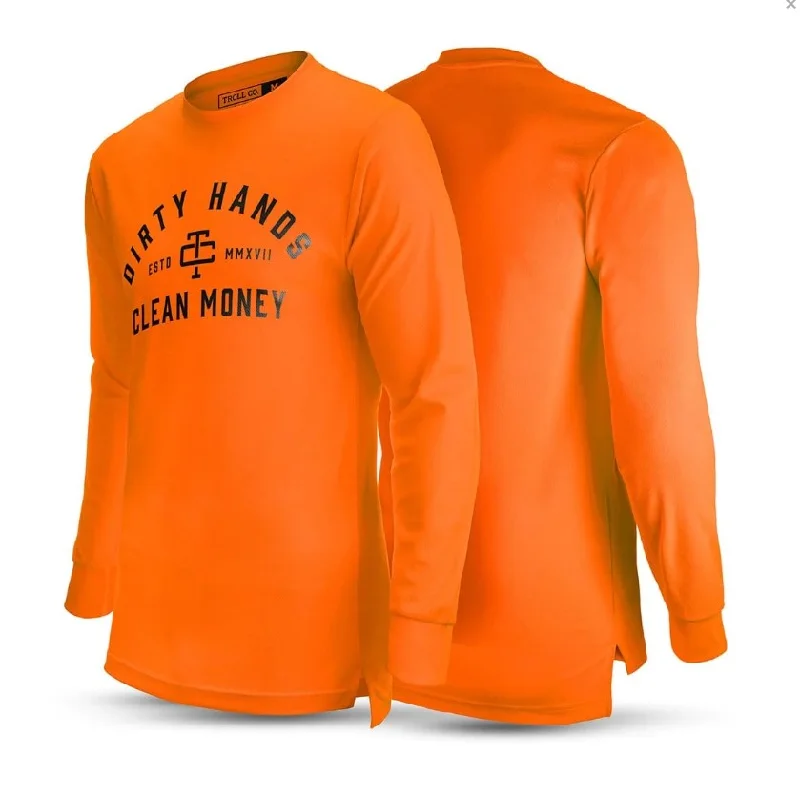 Men's stretch long sleeve denim shirts for a comfortable casual style Troll Co. Men's "Dirty Hands Clean Money" O.G. Long Sleeve Wicking T-Shirt_Bright Orange