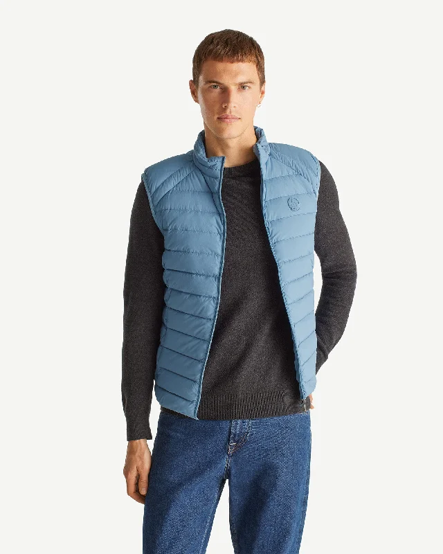 Ultra - warm men down jackets with 90% goose down fill for extreme cold Washed blue Arafo stretch sleeveless puffer jacket