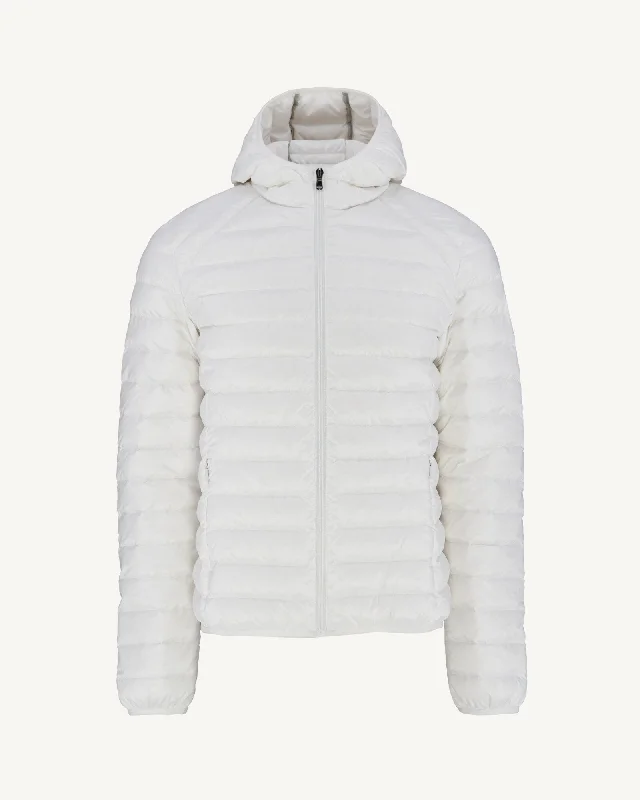 Men down jackets with an adjustable hem to seal out the cold air White Lightweight down jacket Nico